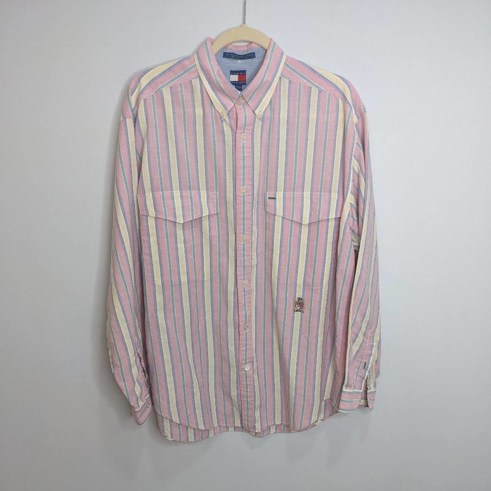 Tommy Hilfiger Mens Medium Pastel Striped Button Down Shirt Long Sleeve Cotton